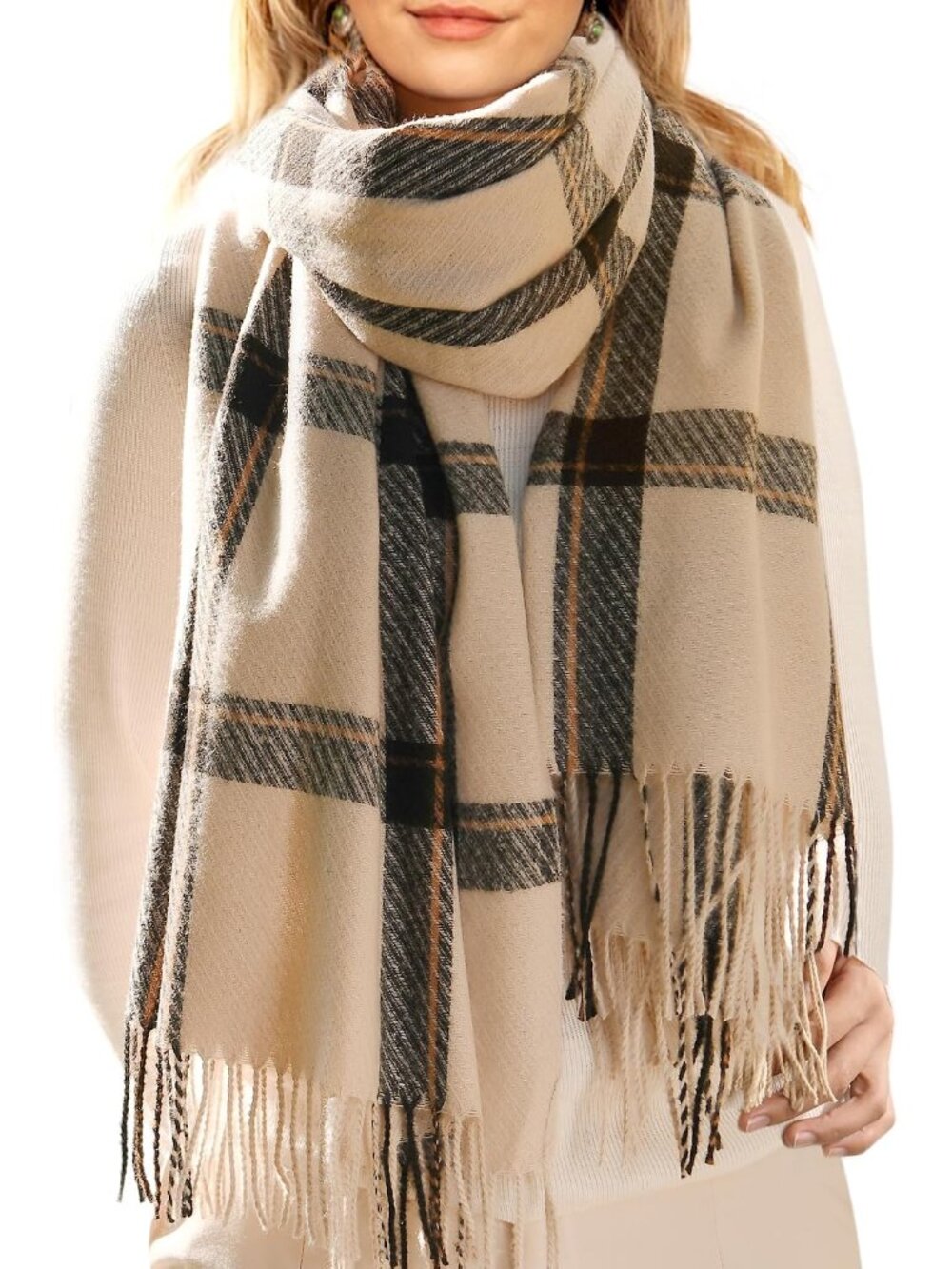 Winter Scarf for Women Oversized Plaid Tassel Shawl Wrap